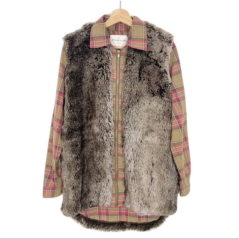 NWOT Artisan de Luxe Faux Fur Plaid Shirt Jacket Zip Up Brown Sz XS